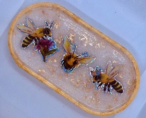Schmuck Display Tablett Oval Bienen Weißgold Dekor Ohrringe Schreibtisch Ringe Kunst Geschenk - Bild 1 von 6