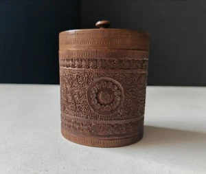 Vintage 1942 Hand-Carved Sheesham Wood Tobacco Humidor Smoking Pipe Jar Kashmir - Picture 1 of 17