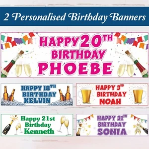 2 Personalised Birthday Banner Happy Birthday Party Decoration 1st 18th 21st 50 - Picture 1 of 26