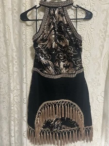 12th Tribe Sparkle Gold Dust Black Sequin Fringe Flapper Pearl Dress Large - Picture 1 of 7