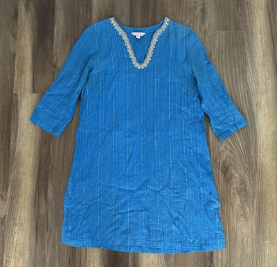Vestido túnica Lilly Pulitzer talla M Esme lurex azul arrugado ribete de encaje dorado metálico Foto 1 de 4