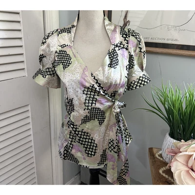 BCBG Maxazria Top Mujer Pequeño Envoltura Retro Y2K Abstracto Satén Grunge Coqueta Foto 1 de 4