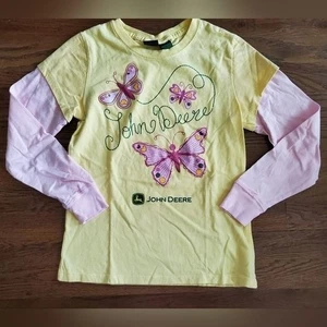JOHN DEERE Girls M 10/12 yellow pink butterfly tee - Picture 1 of 6