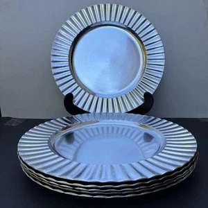 Set of 6 Silver Plastic Charger Plates 13” Fluted Edge Decorative Table - Picture 1 of 8