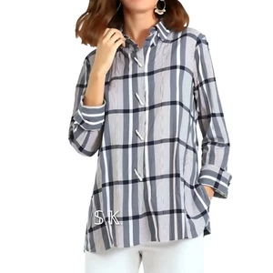 NWT- ALI MILES Button-up Tunic Wired Collar Blue White Plaid Relaxed Fit sz L/XL - Picture 1 of 16