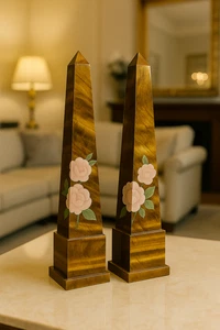 Paar Tigerauge Stein Obelisken - Wohndeko mit Halbedelstein Blumenkunst - Bild 1 von 8