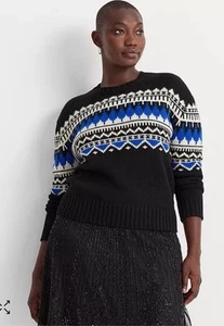 Lauren Ralph Lauren Womens Fair Isle Wool Blend Knit Sweater Black Blue SZ L NWT - Picture 1 of 9