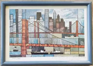 KEN LAW (1918-1988) Hand Signed Lithograph Cityscape NY Skyline Brooklyn Bridge - Picture 1 of 9