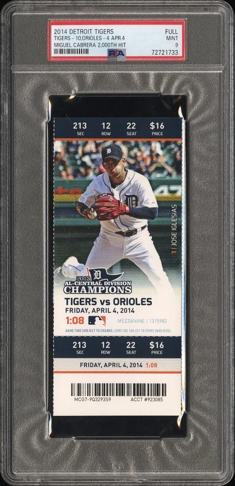 2014 Tigers Miguel Cabrera 2000th Hit Milestone Full Season Ticket Stub PSA 9 - Image 1 of 2