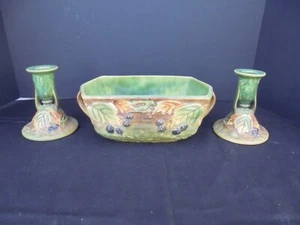 ROSEVILLE Art Pottery BLACKBERRY CANDLESTICKS & CONSOLE BOWL SET EXCELLENT - Picture 1 of 24