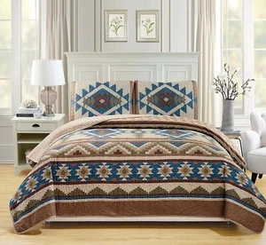 COZY CABIN LOG LODGE SOUTHWEST COUNTRY WESTERN BLUE BROWN TAN BEIGE QUILT SET - Picture 1 of 1