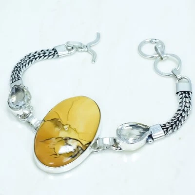 Brecciated Mookaite, White Topaz Gemstone Silver Jewelry Bracelet 7-8" BRJR5149 - Image 1 of 2