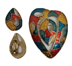 Vintage 1980s Multicolor Jewel Tone Brooch Pin & Clip On Earrings Gold Red Teal - Picture 1 of 9