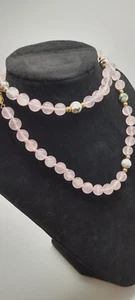 Vintage Rose Quartz 24" necklace with gold tone clasp & cloisonne bead stations. - Picture 1 of 7