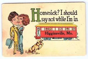 Higginsville Missouri Cartoon Homesick? Railway Trolley love dog Postcard C807 - Picture 1 of 2