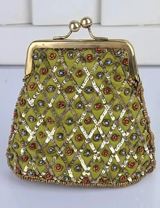 David Jeffery Beads Sequins Coin Purse Bag, Hand Beaded on Silk, Brass Kiss Lock - Picture 1 of 11