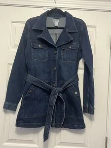 Duluth Trading Co Womens Denim Blue Jean Belted Trench Coat Stretch Jacket M - Picture 1 of 13