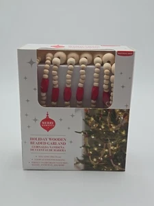 4 Aldi's Merry Moments Wooden Beaded Garland 12'ft Natural/Red New In Box - Picture 1 of 3