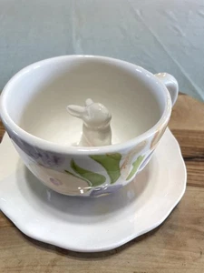 Easter Stoneware Peek-a-Boo Bunny w/ Floral 10oz Tea Cup & Saucer Plate, EUC - Picture 1 of 7