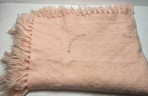 Coperta culla bambino tessuto rosa vintage frange e fiori ricamati - Foto 1 di 8