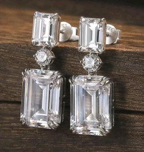 3Ct Emerald Cut Lab Created Diamond Drop/Dangle Earring 14K White Gold Plated - Picture 1 of 3