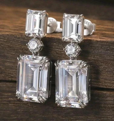 3Ct Emerald Cut Lab Created Diamond Drop/Dangle Earring 14K White Gold Plated - Image 1 of 3