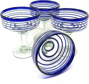 Mexican Hand Blown Glass – Set of 4 Hand Blown Margarita Glasses (16 oz) with... - Picture 1 of 9
