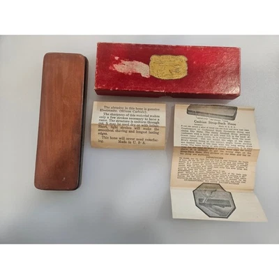 Antiguo bloque de correa de cuero que da navajas bordes afilados en caja original Foto 1 de 4