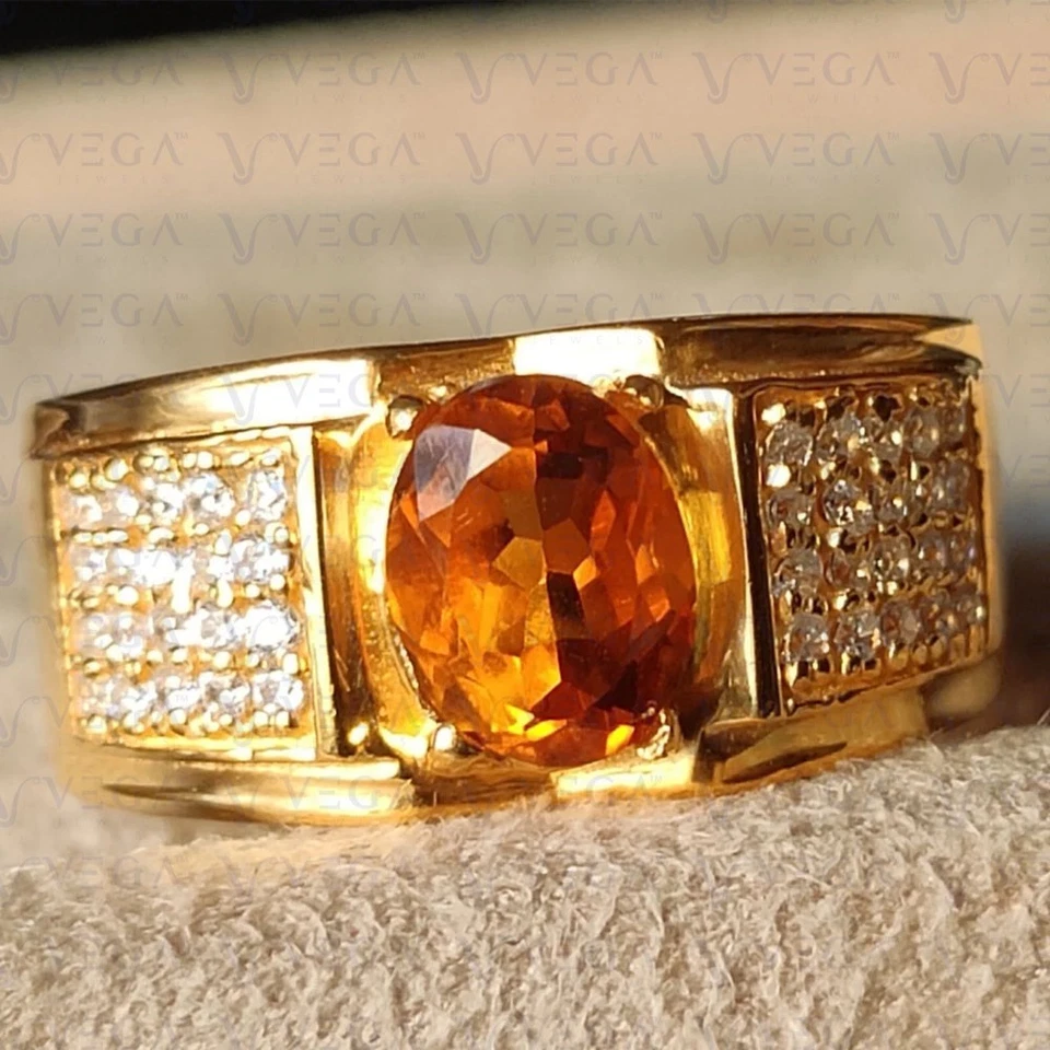 Anel masculino oval de 5,00 ct citrino natural com diamante folheado a ouro amarelo 18K - Imagem 1 de 4