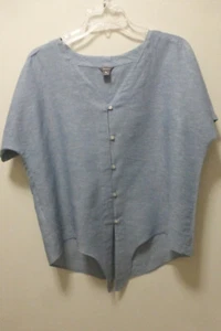Eddie Bauer Shirt Top  Women’s Tall Med Blue Linen/Cotton V-neck SS Buttons - Picture 1 of 3
