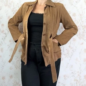 Suede Leather Tan Belted Jacket Coat Y2K Western Cowgirl Boho Hippie Rodeo Large - Picture 1 of 7