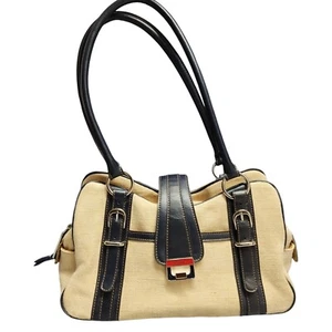 Etienne Aigner Shoulder Bag Womens Tan Navy Canvas Trim Double Handles Casual - Picture 1 of 17