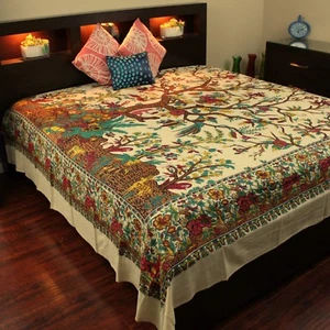 Cotton Tree of Life Tapestry Wall Hanging Tablecloth Bedspread Full Tan 88x104 - Picture 1 of 4