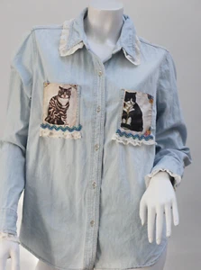 Handmade Upcycled Cat Applique Lace Trim Denim Jean Shirt Blouse Button Down - Picture 1 of 8