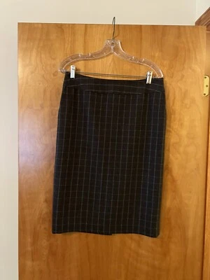 J. McLaughlin 羊毛裙炭灰色蓝色格子内衬后开衩 6 码 — 第 1/4 张图片