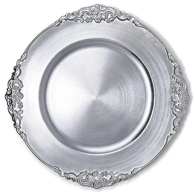 Paquete de 6 platos cargadores redondos plateados florales de 13 pulgadas decoración de mesa de boda Foto 1 de 3