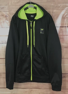 Fila Men XL Track Jacket Black Fleeced Yellow Zip Hood Kangaroo Pocket Logo - Image 1 of 4