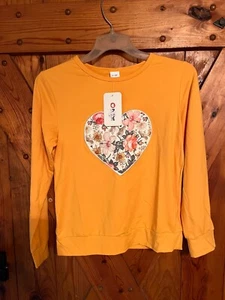 Girl's Pat Pat Mustard Heart Shirt Size 11-12Y Flowers Orange Youth Long Sleeve - Picture 1 of 4