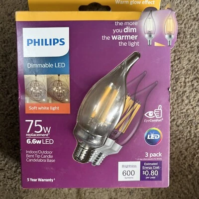 Philips 3-pk 75W BA11 LED Bent Tip Filament Bulb E12 Candelabra 2700K Dim sw - Image 1 of 4