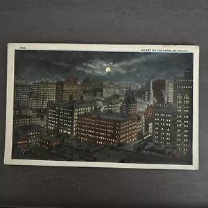 MONDSCHEIN Ansicht "Herz von Chicago bei Nacht" antike Postkarte 1919 Stempel - Bild 1 von 2