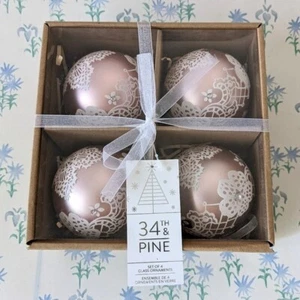34th & Pine Pink White Glass Christmas Ornaments Set 4 Glitter Lace Vintage NEW - Picture 1 of 2