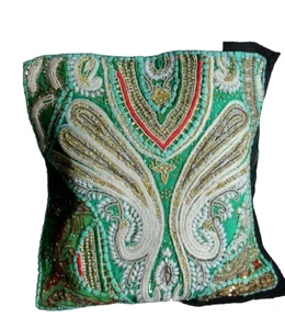 Kissenbezug Kissenhülle Grün-Gold Bestickt Handarbeit Baumwolle 40 x 40 cm  - Bild 1 von 6