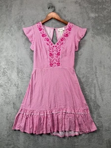 Jessica Simpson Womens XS Pink Gingham Dress Ruffle Embroidered Cottage Smocked - Picture 1 of 8