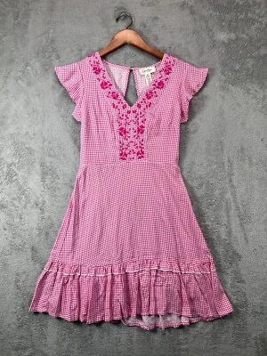Jessica Simpson Womens XS Pink Gingham Dress Ruffle Embroidered Cottage Smocked - Image 1 of 4