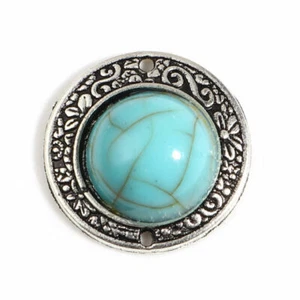 9 Boho Chic Style Antique Silver Round Connectors with Imitation Turquoise - Picture 1 of 1