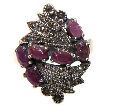 anello etnico argento 925 radice rubino marcasite anticato misura 15 donna scuro - Immagine 1 di 3