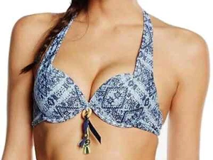 Lingadore Indigo Blau Jeans Print Bikini Oberteil Bügel Neckholder Wattiert Plunge - Bild 1 von 2