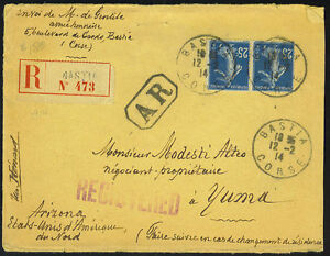 FRANCE 1914 REGISTERED "BASTIA" WITH "AR" MARKING TO