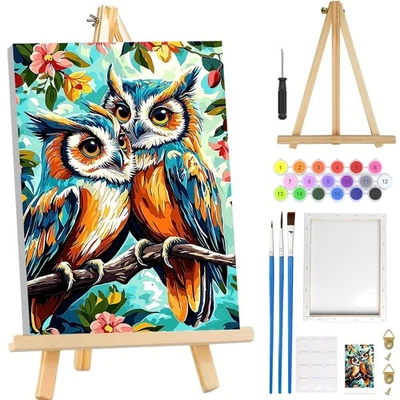 Erwachsene Malen Nach Zahlen Set Eule Blumen Bilder Leinwand Rahmen Holzstaff... - Bild 1 von 2