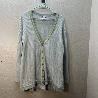 J. Jill Cardigan Sweater SZ L Wool Blend Gray Striped V Neck Knit Preppy Grandma - Image 1 of 4